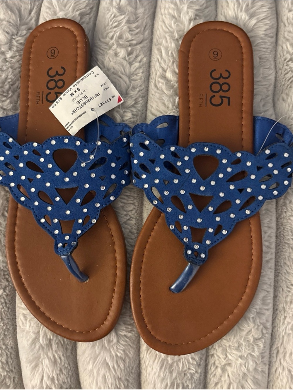 385 Fifth Blue Rhinestone Heart Thong Sandals